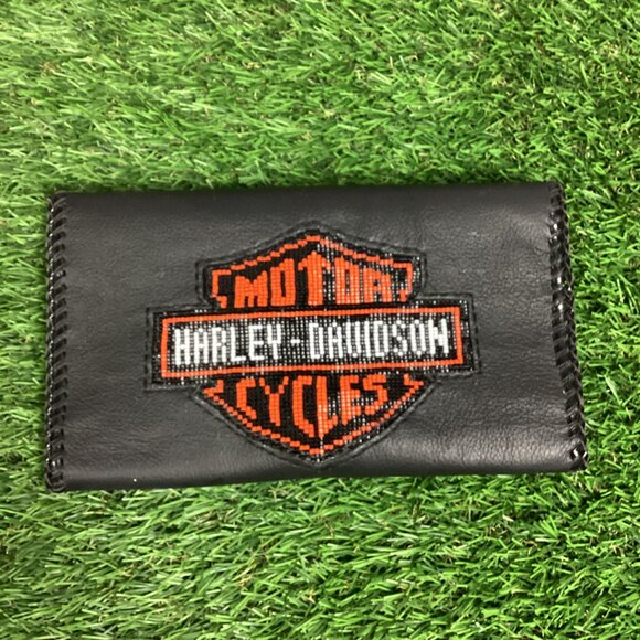 Harley Davidson Beaded Patch on Black Leather Wallet Braided Trim - Picture 13 of 13